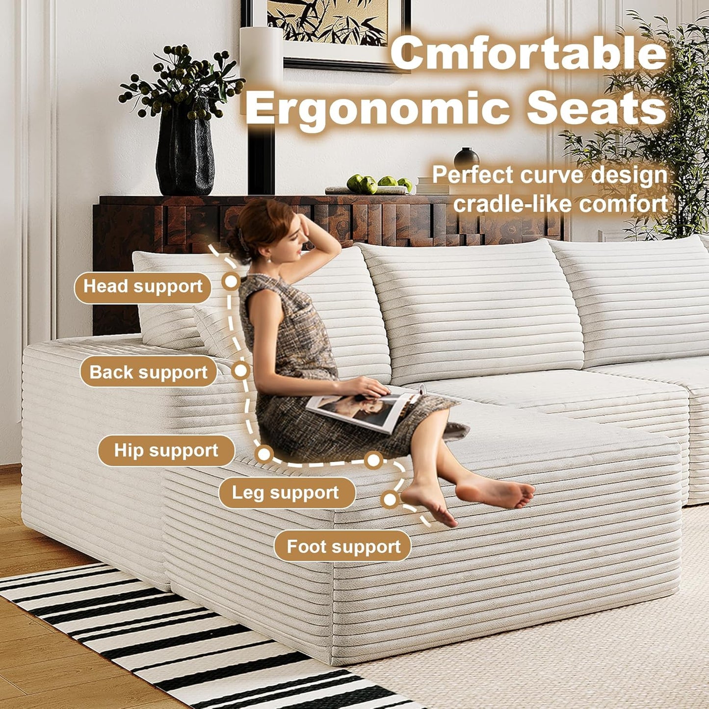 108" Sectional Couches for Living Room Modern Modular Sofa with L-Shape Couchs Upholstered Boneless Couch Deep Seat Sectional Couch with Chaise (White, Left Facing Chaise+2Seaters+1Ottoman)