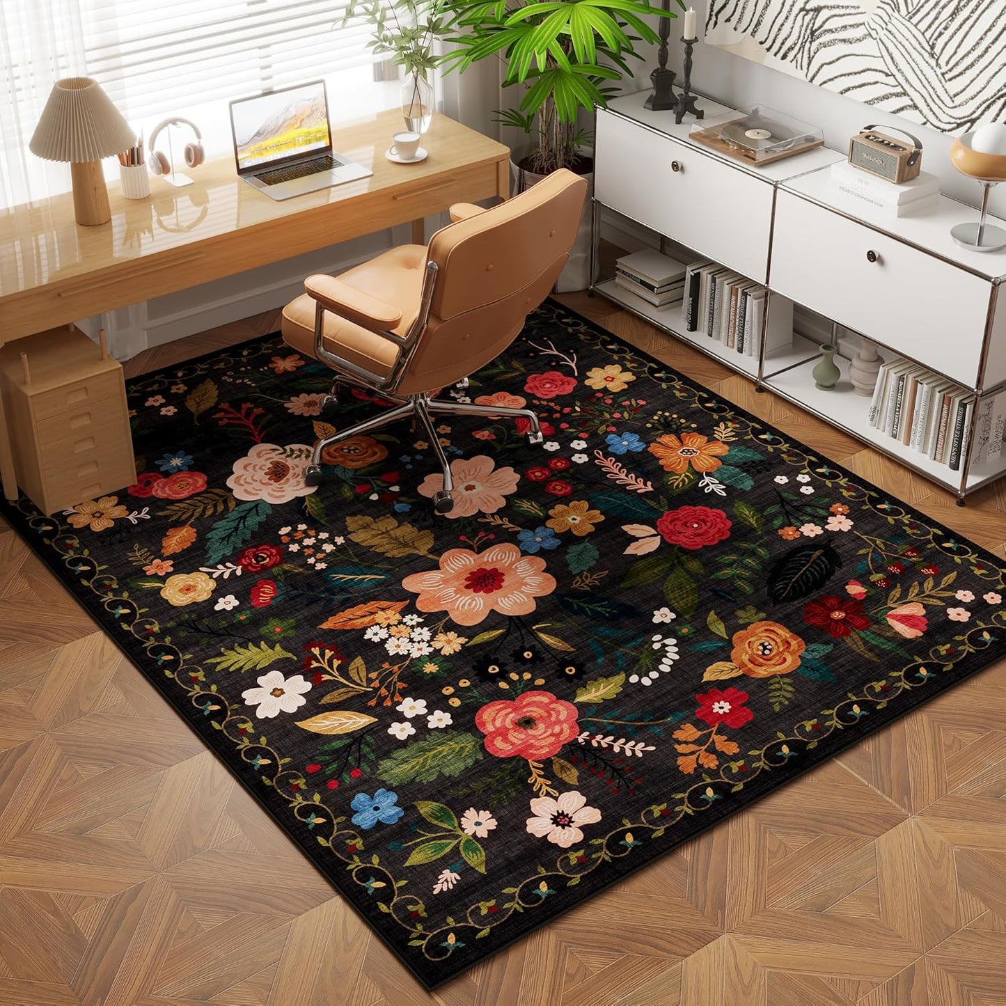 Bedroom Rug 3x5 Rug Washable Area Rug Non Slip Low Pile Boho Floral Small Carpet for Bedroom, Bedside, Kitchen, Entryway, Kids Room, Office, College Dorm Essentials for Girls(Black)
