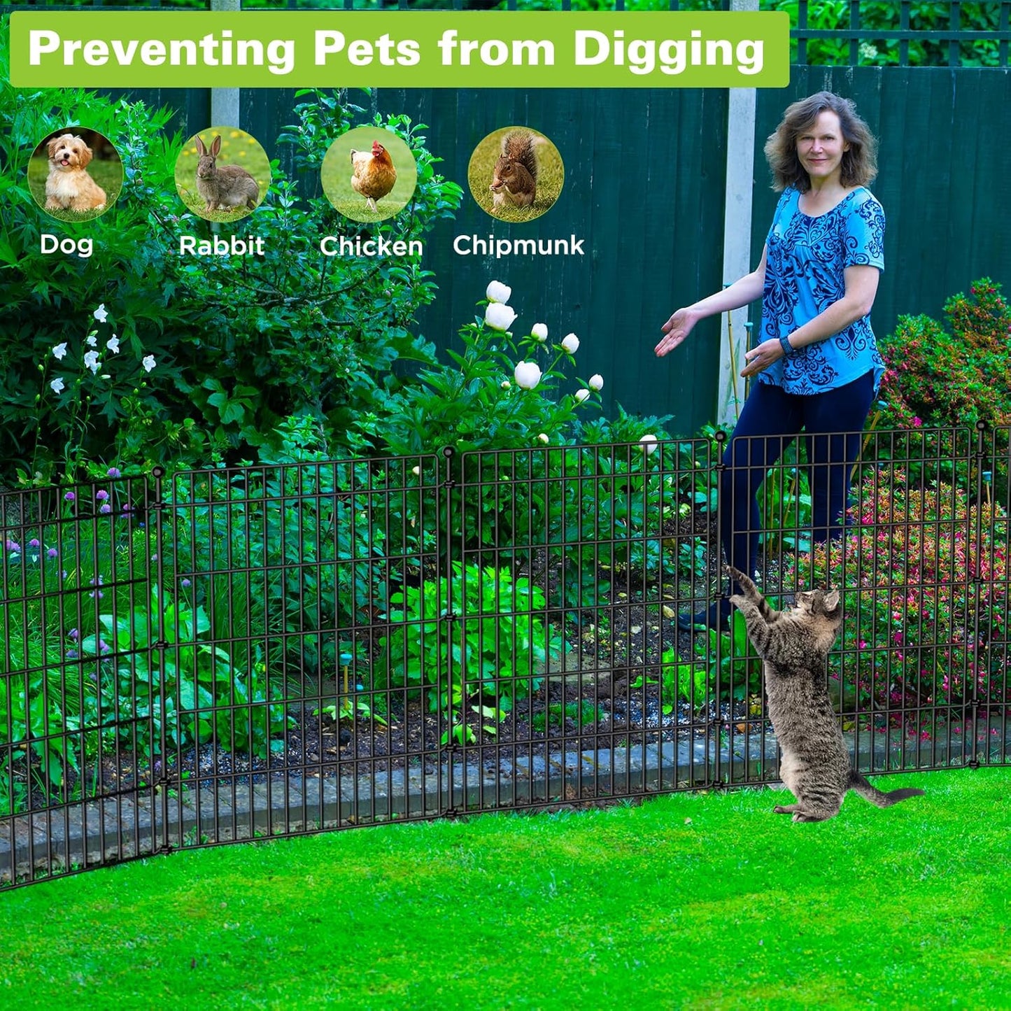 10 Panels No Dig Garden Fence with Gate, 44in(H) × 23.6ft(L) Decorative Metal Outdoor Dog Fence, Rustproof Pet Fencing for Yard, Patio, Flower Bed -Temporary Fencing| Easy to Install