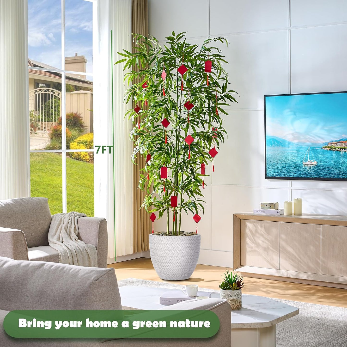 Artificial Tree Fake Plants, Artificial Bamboo Tree 7FT Tall in White Potted, Artificial Tree Indoor Decor Bamboo Silk Tree with Natural Wood Trunk, for Home Office Living Room Modern