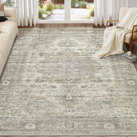 Washable Area Rugs for Living Room -10x14 Neutral Vintage Distressed Floral Farmhouse Boho Large Soft Floor Rug Indoor Non Slip Carpet for Living Room Bedroom Dining Room Office -Brown/Tan