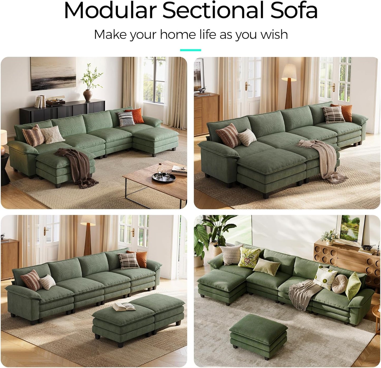 LINSY HOME Modular Sectional Sofa - 157'' Oversized Corduroy Cloud Couch U Shaped Couch with Movable Ottoman Soft Modern Comfy Sofa for Living Room Apartment Office, Green