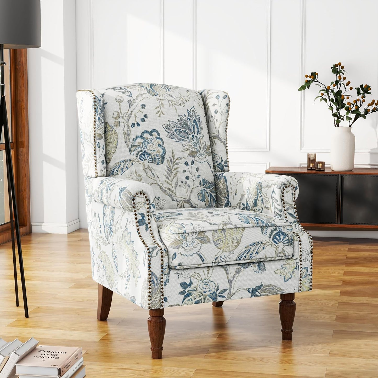 UIXE High Back Floral Accent Chairs Set of 2, Upholstered Armchair in Fabric, Retro Printed Wingback Arm Chair for Living Room, Nailhead Trim Single Sofa Bedroom Reading Seat - Plants Blue