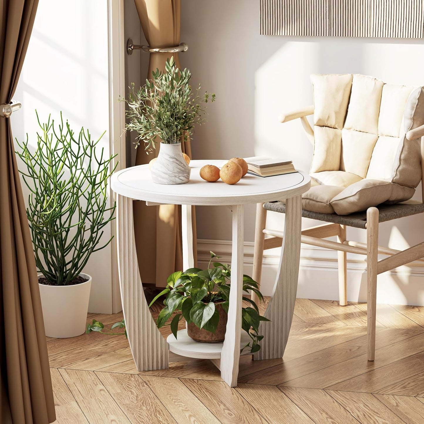 Rustic Farmhouse end Table with Storage Shelf, French Country Accent Side Table for Family, Dinning or Living Room, Small Spaces, Modern, Round, White