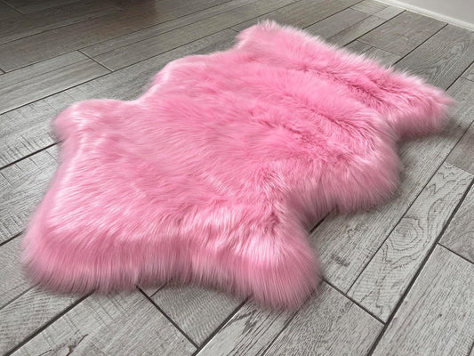 LAMBZY Faux Sheepskin Super Soft Hypoallergenic Free Shape Silky Shag Rug, Luxury Shaggy Plush Carpet for Bedrooms Living Kids Room Sofa Rugs (Pink, Single 2'x3')