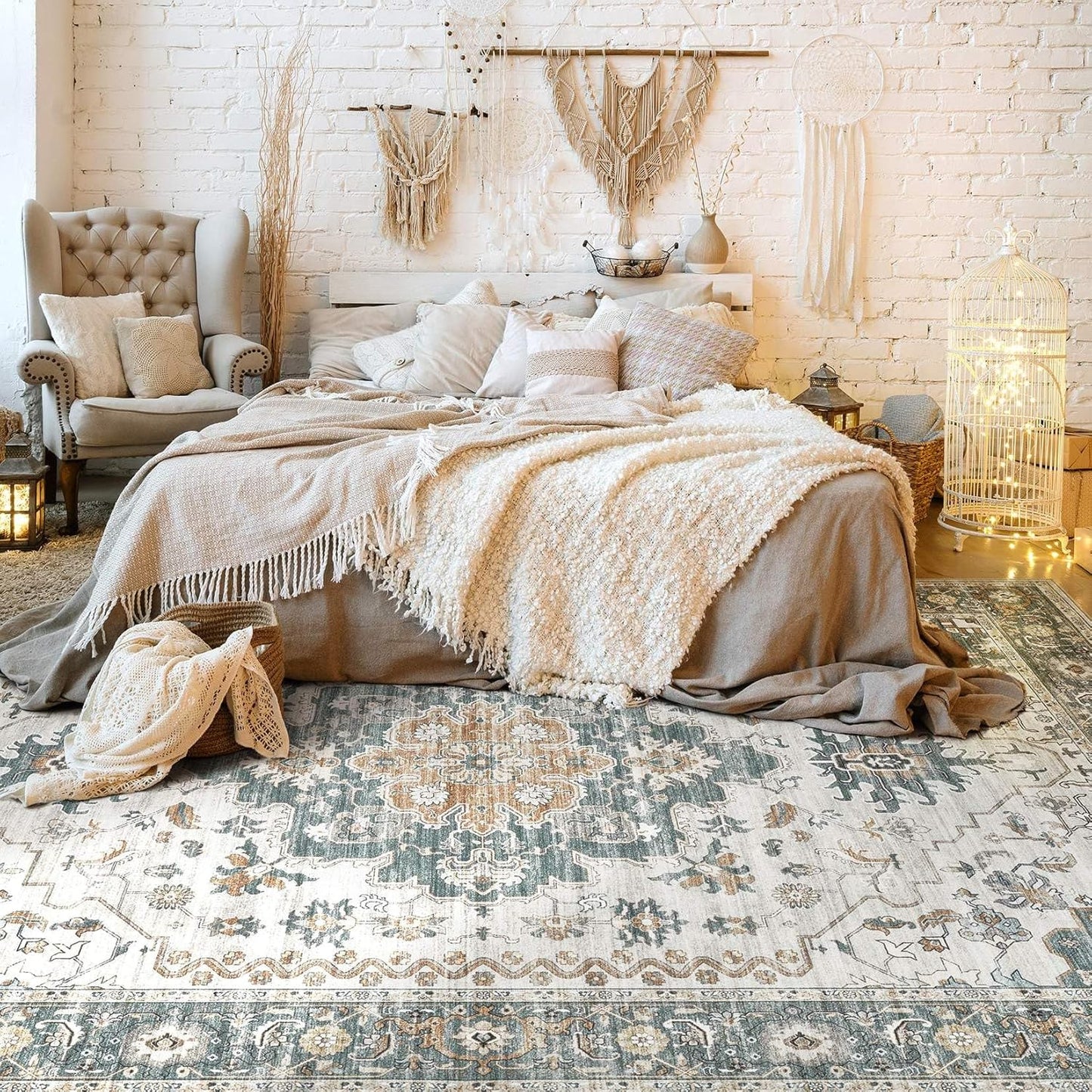 Washable Area Rugs for Living Room - 7x9 Neutral Vintage Distressed Floral Farmhouse Boho Large Soft Floor Rug Indoor Non Slip Carpet for Living Room Bedroom Dining Room Office - Green/Grey