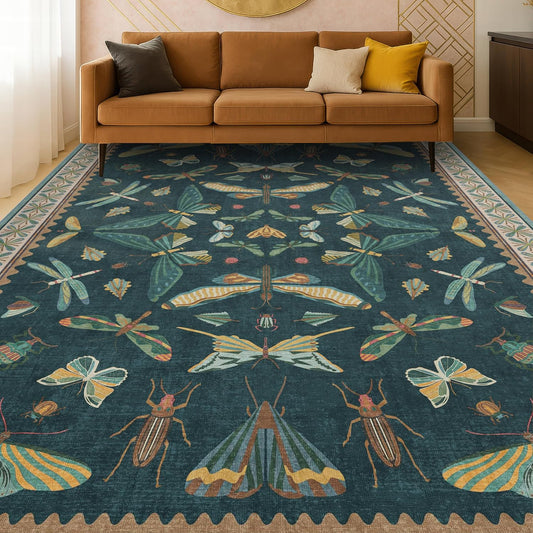 Insect Blue Green Living Room Rug 5x8 - Washable Area Rug for Bedroom, Dining Room, Kids Playroom, Home Office, Boho Butterfly Non Slip Stan Resistant