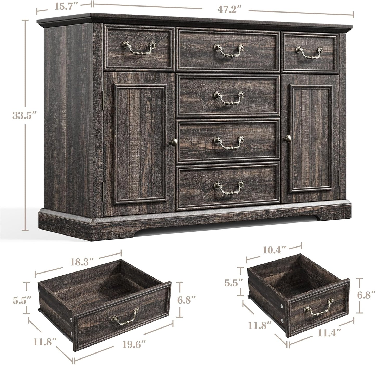EnHomee Dresser for Bedroom with 6 Drawer & 2 Doors Wood Dressers & Chests of Drawers Farmhouse TV Stand,Entryway,Dark Rustic Oak
