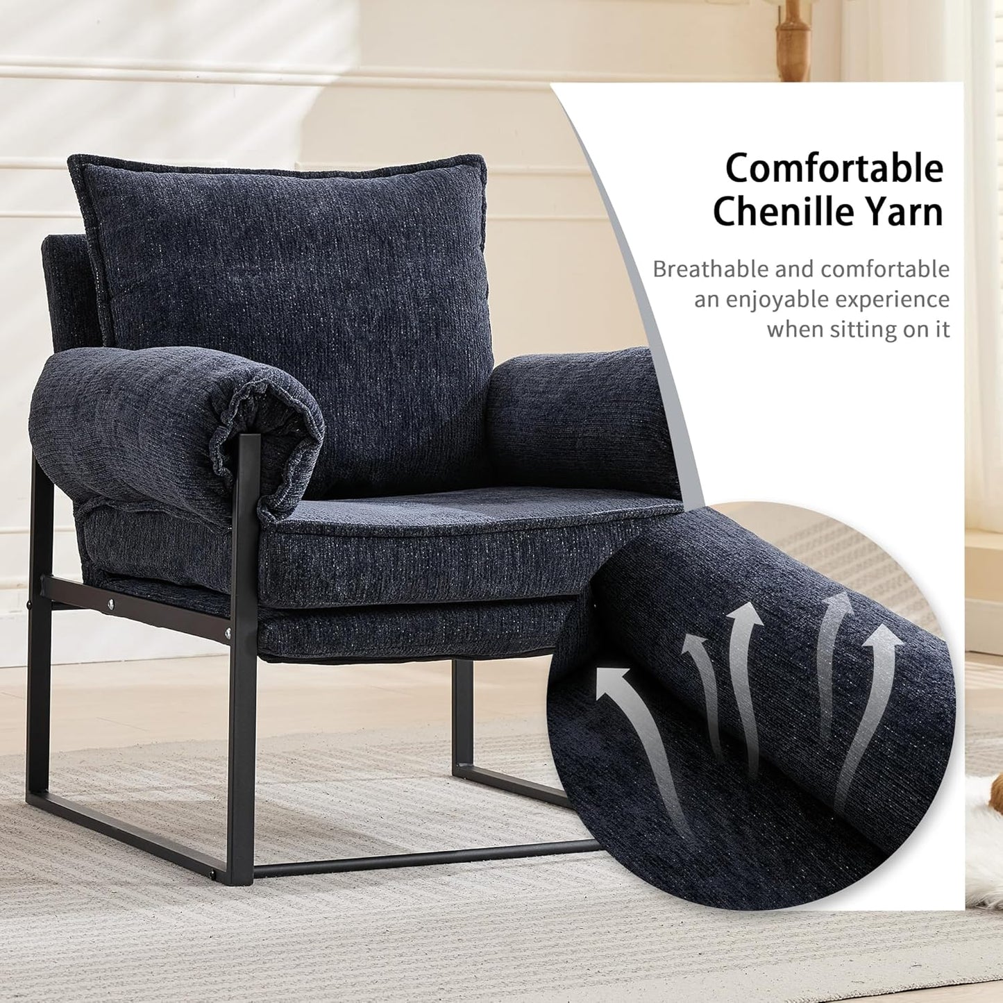 YISHENG Accent Chair with 6-Angle Adjustable Backrest, Chenille Fabric Living Room Chair Upholstered Lounge Chair, Modern Chair Cozy Reclining Chair for Reading Room, 1PC Dark Blue