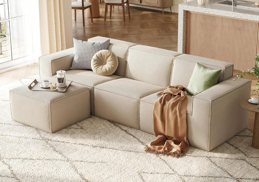 LINSY HOME Modular Sectional Sofa, 105" Boneless Couch L Shaped 3-Seat Sofa with Movable Ottoman, Corduroy Sectional Cloud Couches for Living Room, No Assembly Required, Beige