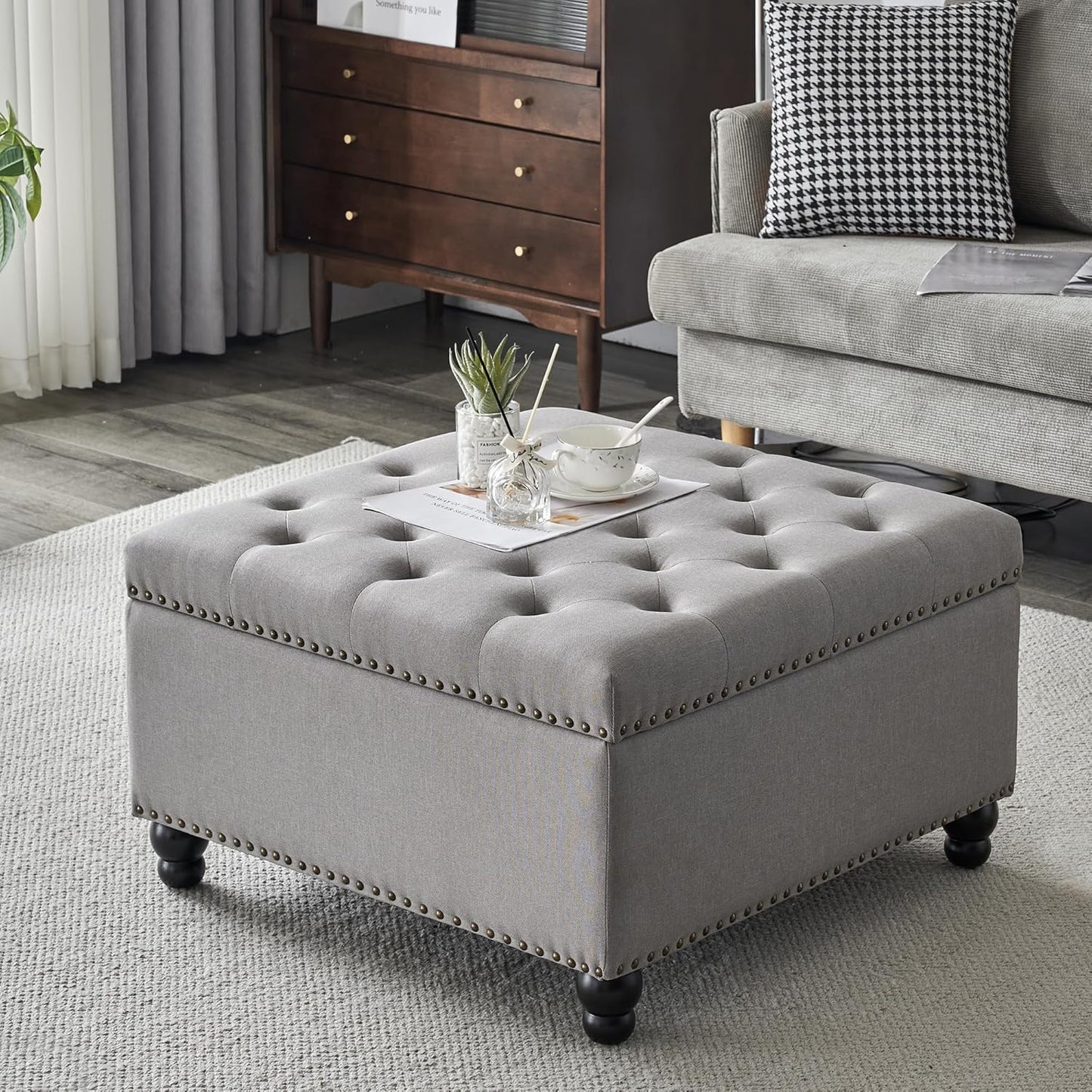 Ottoman with Storage, Large Storage Ottoman, 30 in Square Ottoman Coffee Table,Tufted Upholstered Coffee Tables for Living Room, Grey
