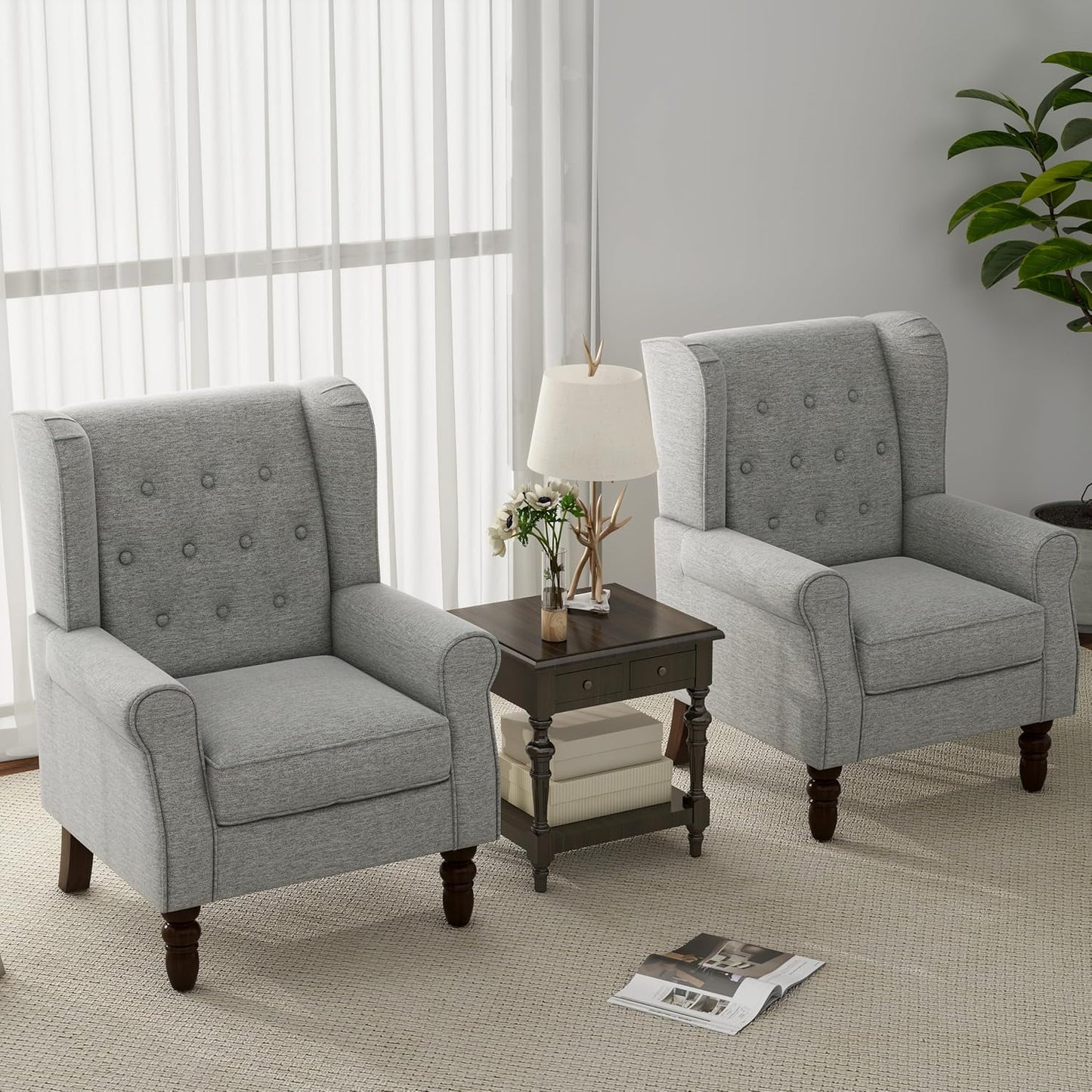 Accent Chair, Upholstered Armchair with Button Tufted High Back & Solid Wood Legs, Comfy Wingback Reading Single Sofa Chair for Small Spaces, Living Room, Bedroom (Light Grey, Set of 1)