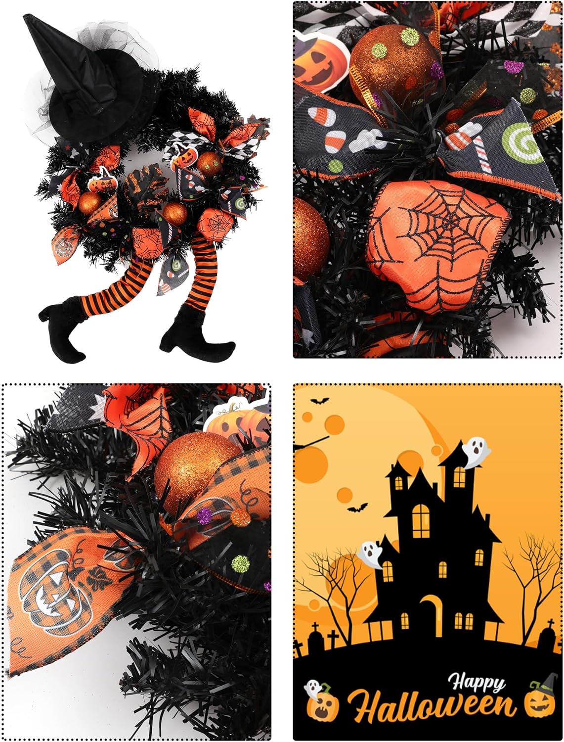 Happy Halloween Wreath for Front Door Decoration with Skeleton Artificial Bone Orange Ornaments Maple Leaf for Party Decor (Halloween Orange)