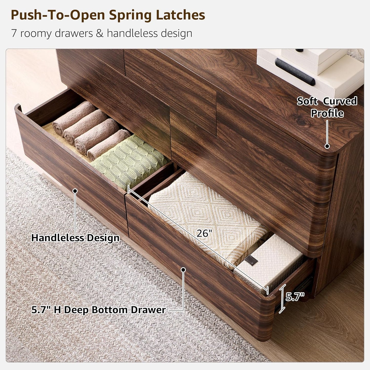 Modern 7 Drawer Dresser for Bedroom, 52" Wide Handleless Chest of Drawers, Push-to-Open Large Wood Storage, Dresser TV Stand for Bedroom, Living Room, Hallway, Curved Profile, Brown