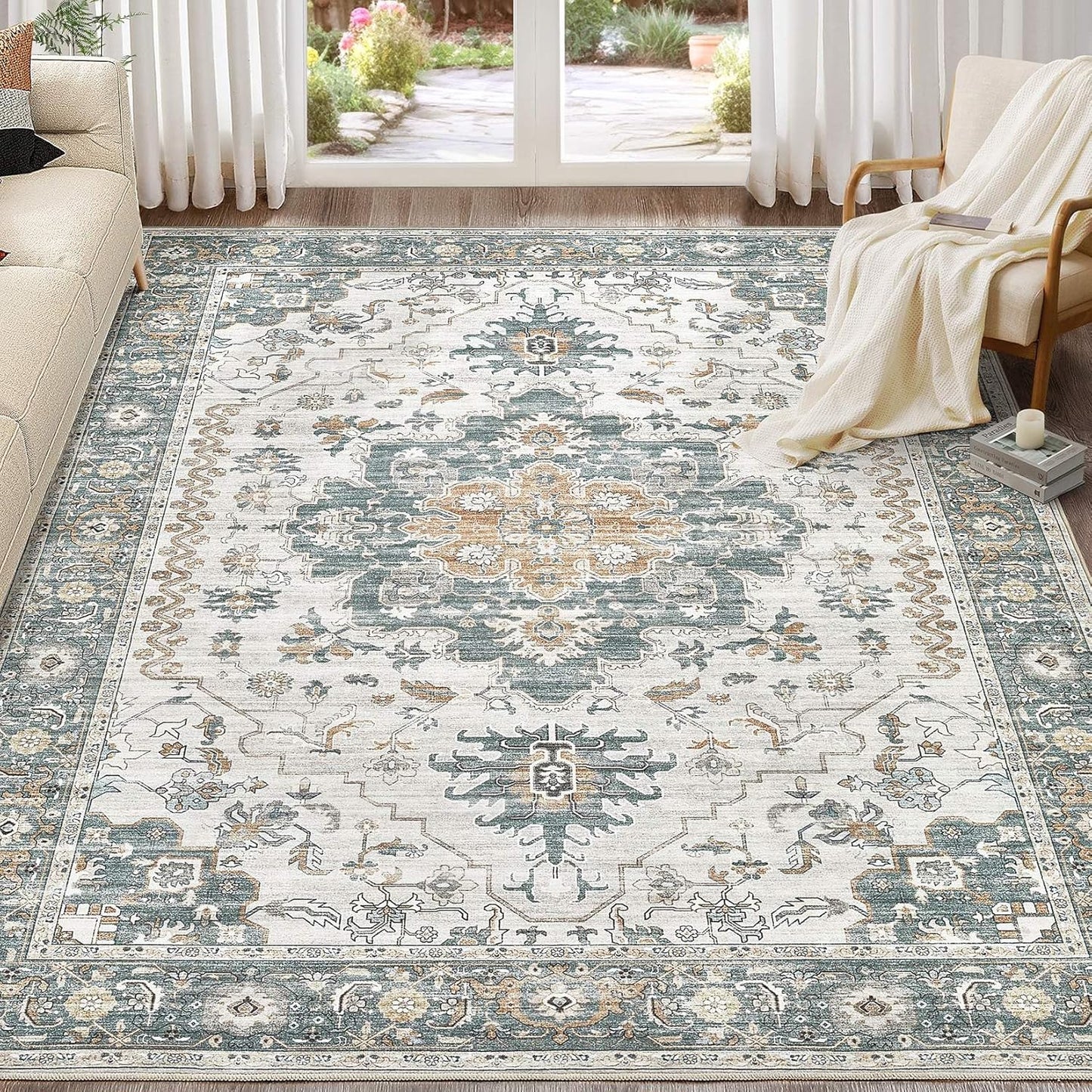 Washable Area Rugs for Living Room -10x14 Neutral Vintage Distressed Floral Farmhouse Boho Large Soft Floor Rug Indoor Non Slip Carpet for Living Room Bedroom Dining Room Office -Green/Grey