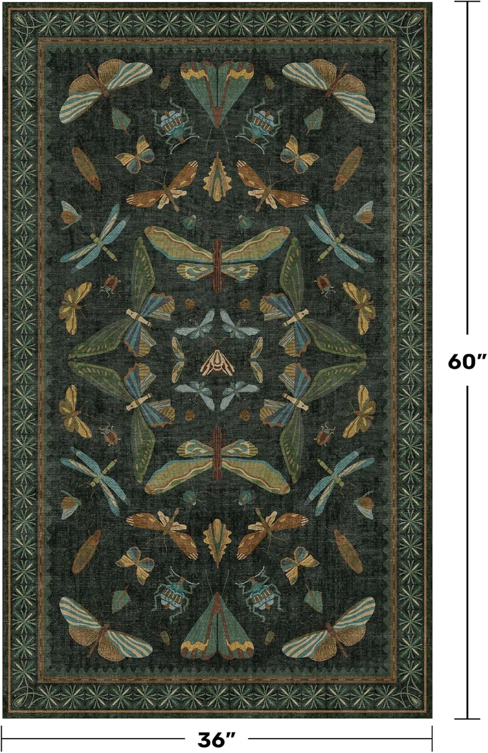 Green and Black Entryway Rug - 3x5 Throw Rug for Large Kitchen, Entry Way, Mudroom, Dark Unique Insect Print, Washable Low Pile Floor Carpet