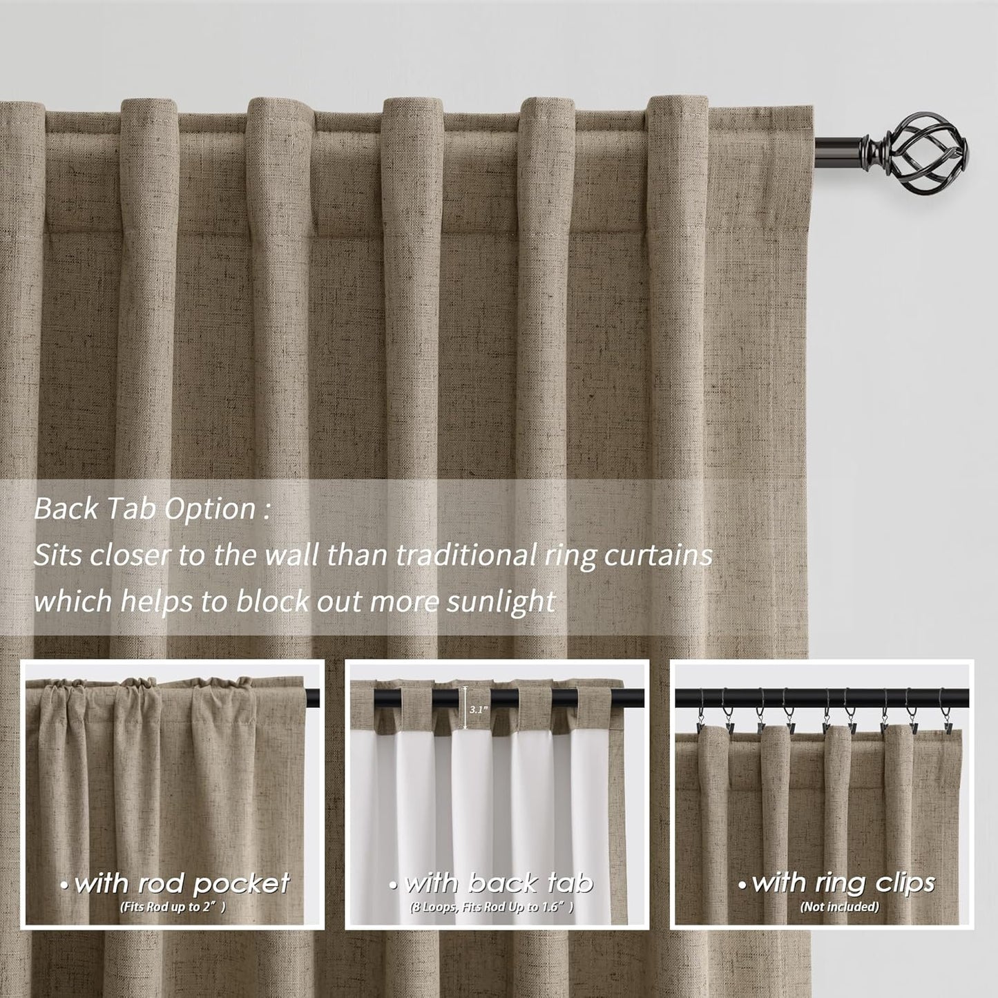 BOODII 108 Inch Black Out Curtains 2 Panels Set Back Tab Thermal Insulated Natural Linen Textured Blackout Curtains Noise Reducing Matcha Brown Neutral Living Room Darkening Window Drapes 52x108