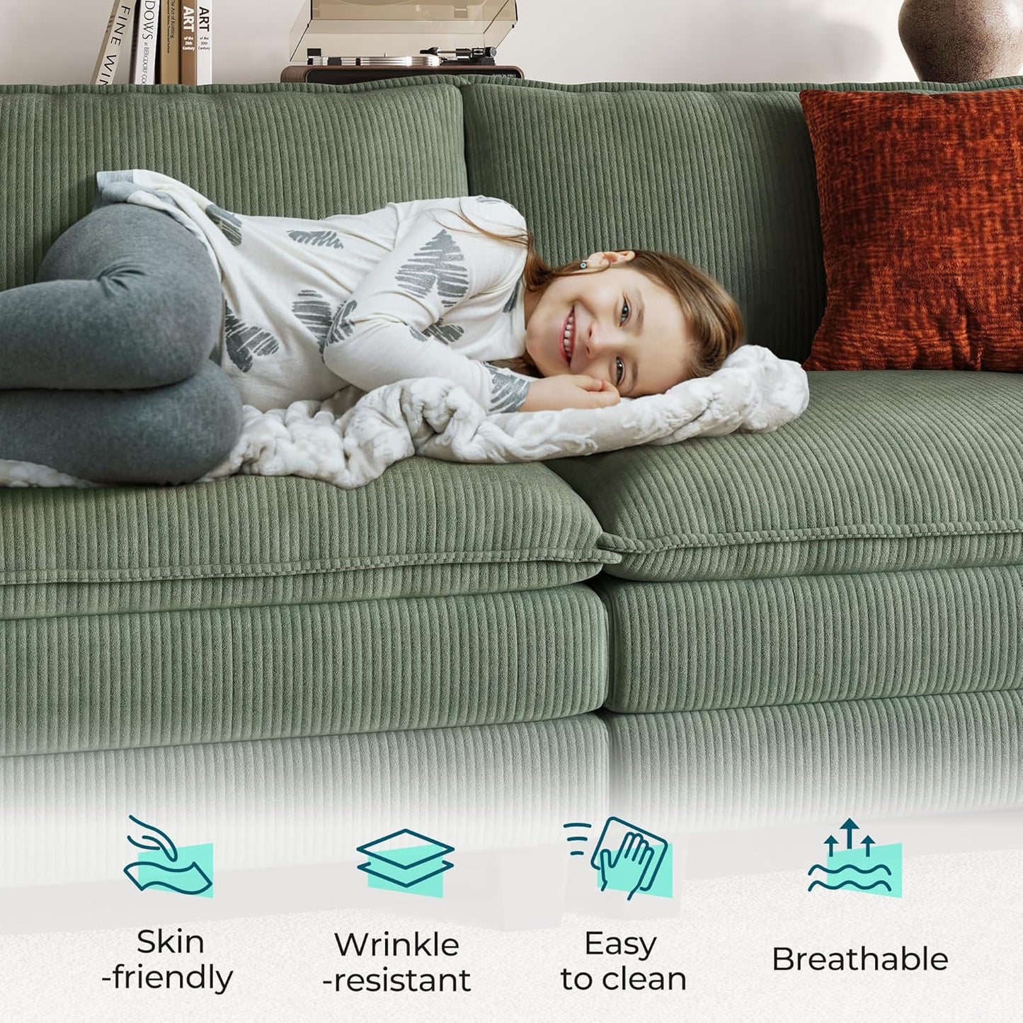 LINSY HOME Sofa Chair with Movable Ottoman - Corduroy Cloud Couch Chair Soft Comfy Modern Sofa Chaise Single Sleeper Chair Bed for Living Room Apartment Office, Green