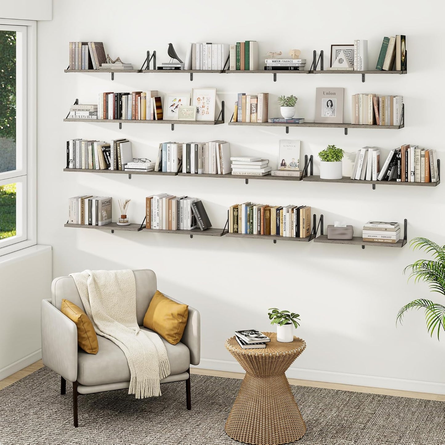 Heimlove Floating Shelves for Wall 24 Inches,8 Inches Deep Wall Bookshelf Mounted Display&Storage Wood Shelves for Kitchen Bathroom Laundry Living Room,Set of 3 (Silver Grey)