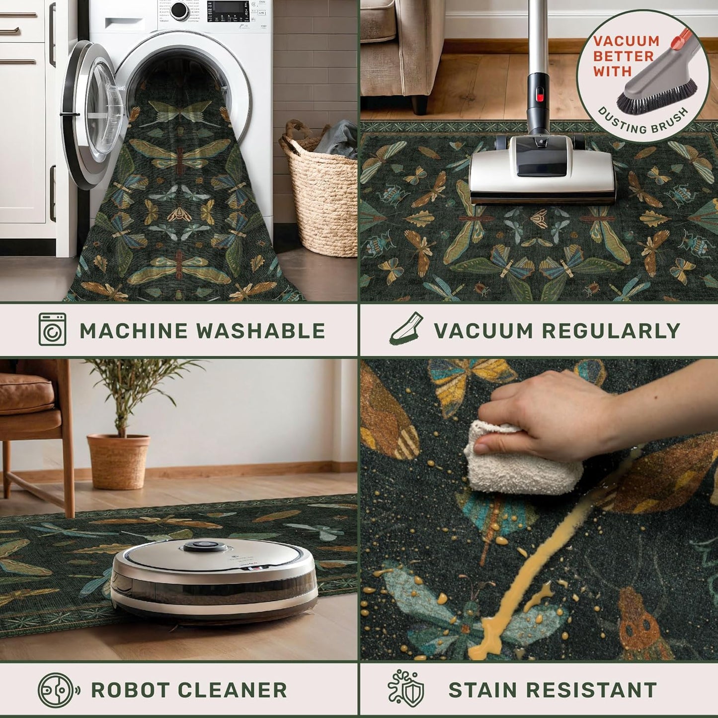 Green and Black Entryway Rug - 3x5 Throw Rug for Large Kitchen, Entry Way, Mudroom, Dark Unique Insect Print, Washable Low Pile Floor Carpet