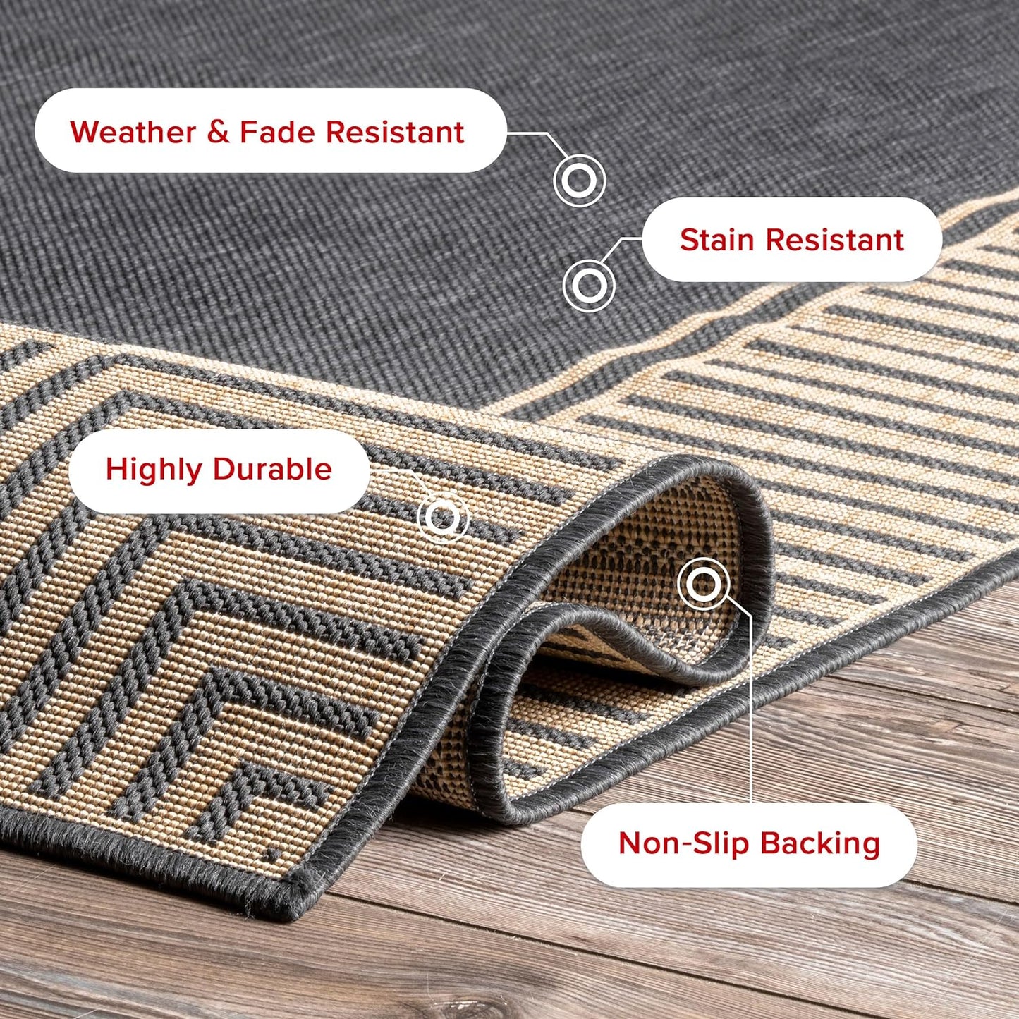 nuLOOM 2' x 8' Outdoor Area Rug, Casual Design With Striped Border, Stain Resistant, Highly Durable, For Patio, Balcony, Bedroom, Living Room, Dining Room, Bathroom, Dark Grey