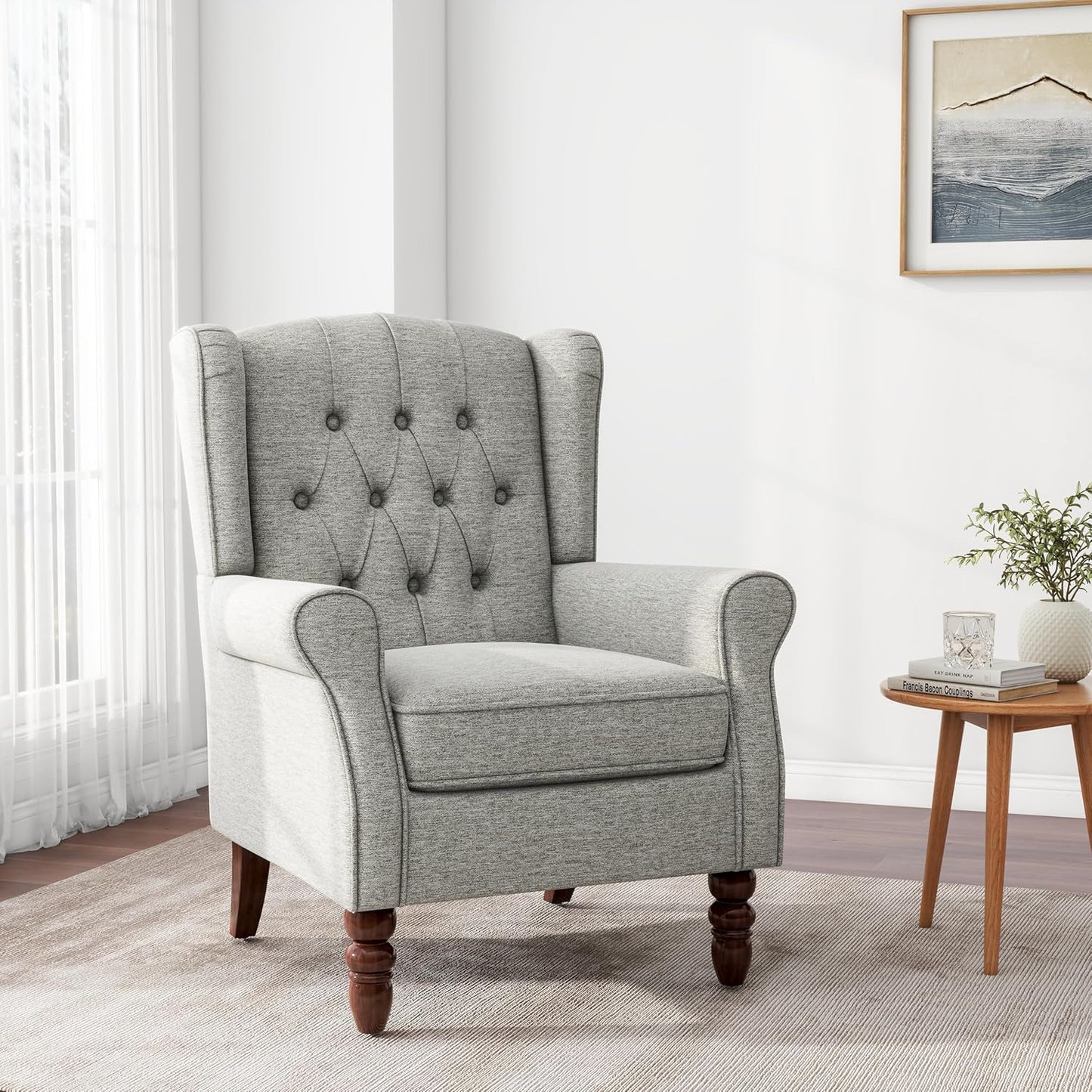 Accent Chair, Upholstered Armchair with Button Tufted High Back & Solid Wood Legs, Comfy Wingback Reading Single Sofa Chair for Small Spaces, Living Room, Bedroom (Light Grey, Set of 1)