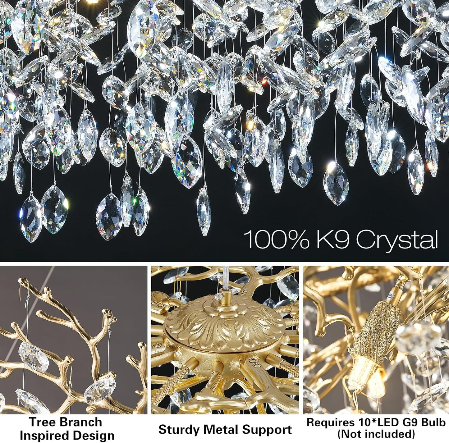 Modern Crystal Chandelier, 30" Chandeliers for Dining Room,Gold K9 Crystal Tree Branches Crystal Chandelier,10-Light Living Room Chandeliers, Fo Entryway,Foyer,Bedrooms