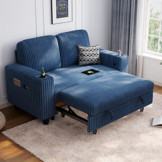 LINSY HOME Loveseat Sofa with Pull Out Couch Chaise: 2-in-1 Convertible 2 Seater Sofa with USB Charging & Cup Holders, Comfy Plush Corduroy Love Seat for Small Spaces Living Room Apartment, Blue