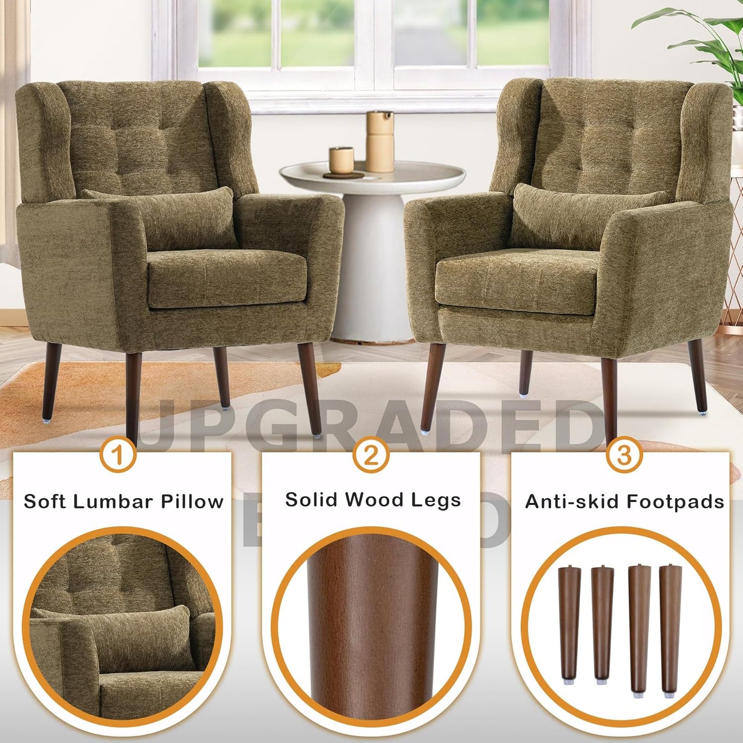 Modern Accent Chair, Upholstered Armchair with Pillow, Fabric Single Sofa Chair with Lounge Seat and Wood Legs Accent Chair for Living Room Bedroom Small Spaces (Avocado, Set of 1)