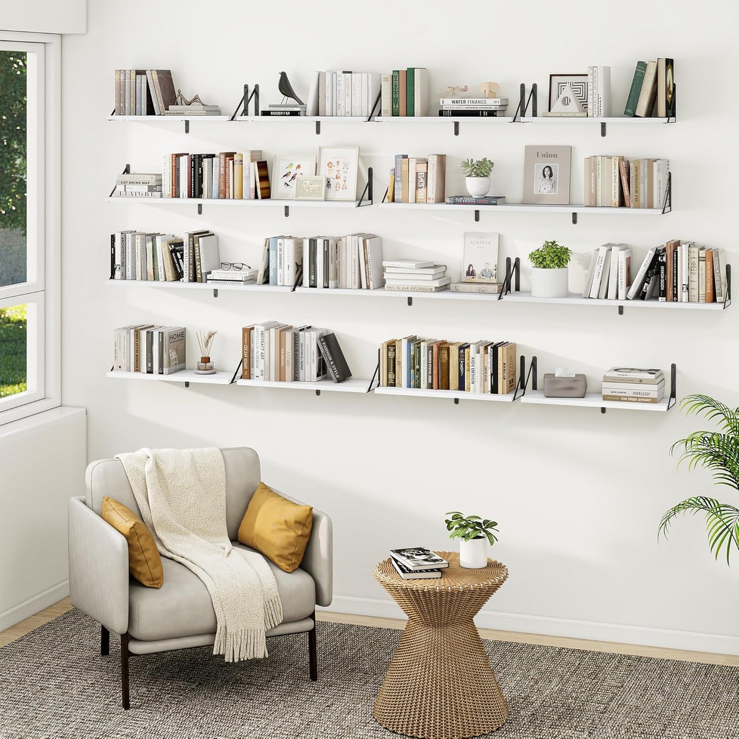 Heimlove 48 Inch Large Floating Bookshelves Set of 3,White Wall Mounted Bookshelves,Heavy Duty Wooden Shelves for Living Room,Bedroom,Kitchen,Laundry Room Storage & Decor