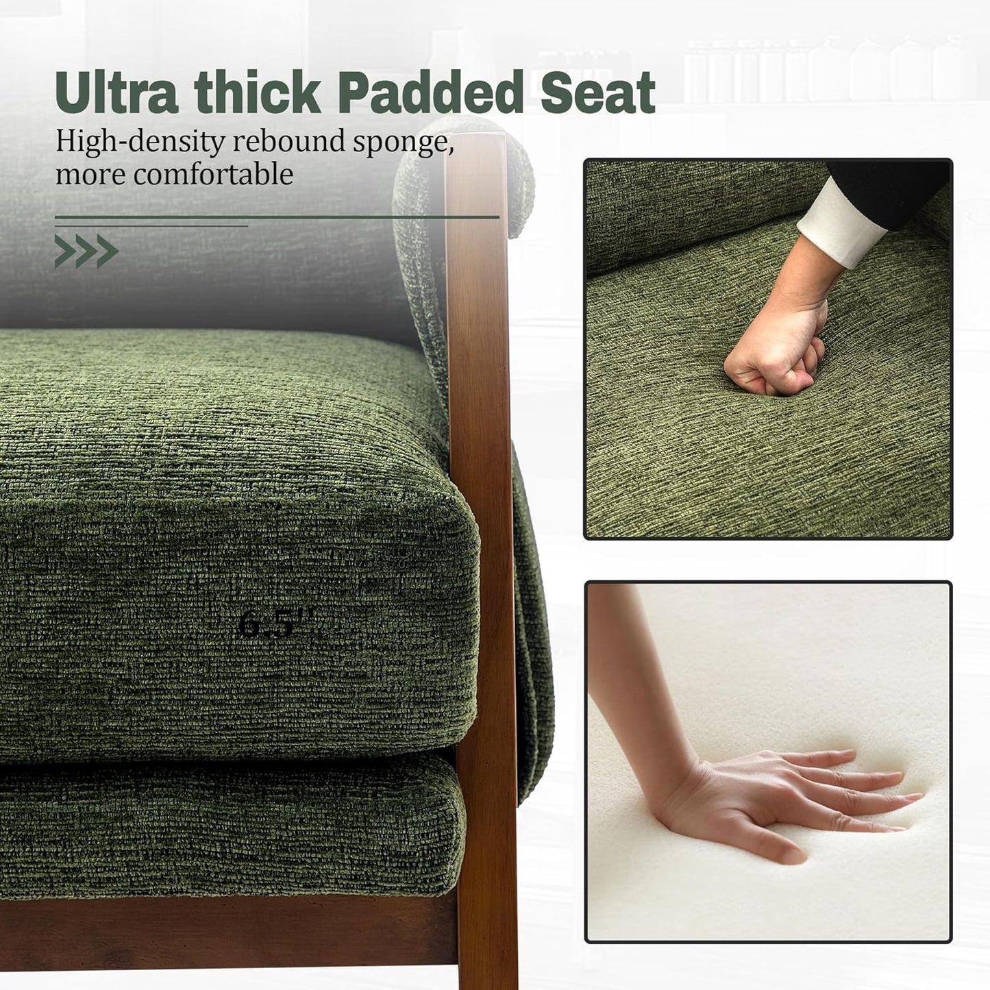 Modern Accent Chair for Living Room Mid Century Arm Chair Upholstered Bedroom Chair Comfy Lounge Chair with Solid Wood Frame, Green