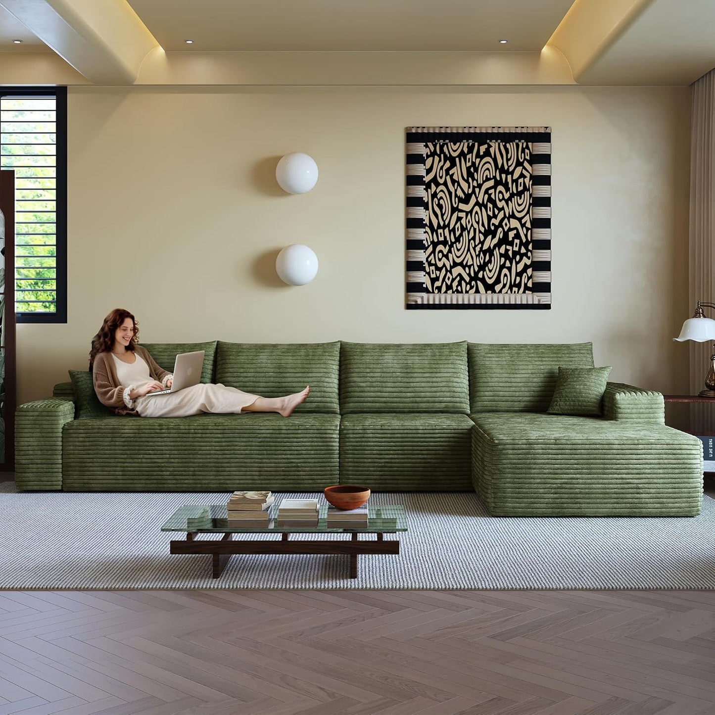 136" Sectional Couches for Living Room Modern Modular Sofa with L-Shape Couchs Upholstered Boneless Couch Deep Seat Sectional Couch with Chaise (Green, Right Facing Chaise+3Seaters)