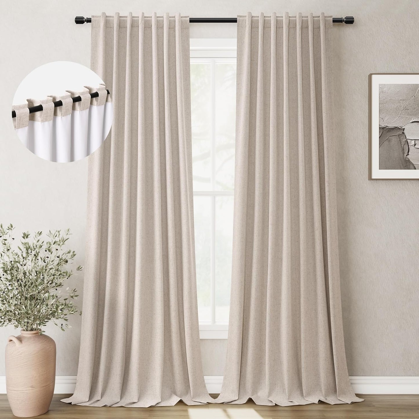 BOODII Oatmeal Linen Black Out Curtains 84 Inch Long 2 Panels Set for Bedroom Light Blocking Curtains Greige with 100% Blackout Backing Warm Taupe Thermal Insulated Room Darkening Nursery Curtain