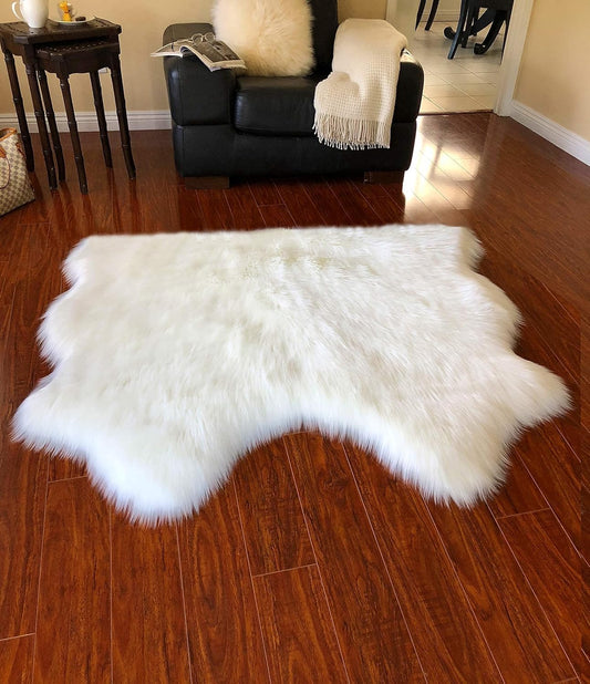 LAMBZY Faux Sheepskin Hypoallergenic Free Shape Silky Shag Rug, Luxury Shaggy Silky Plush Carpet for Bedrooms Rugs Living, Kids Rooms Sofa Floor Rugs (Double Side by Side 3'x4', 90x120cm White)