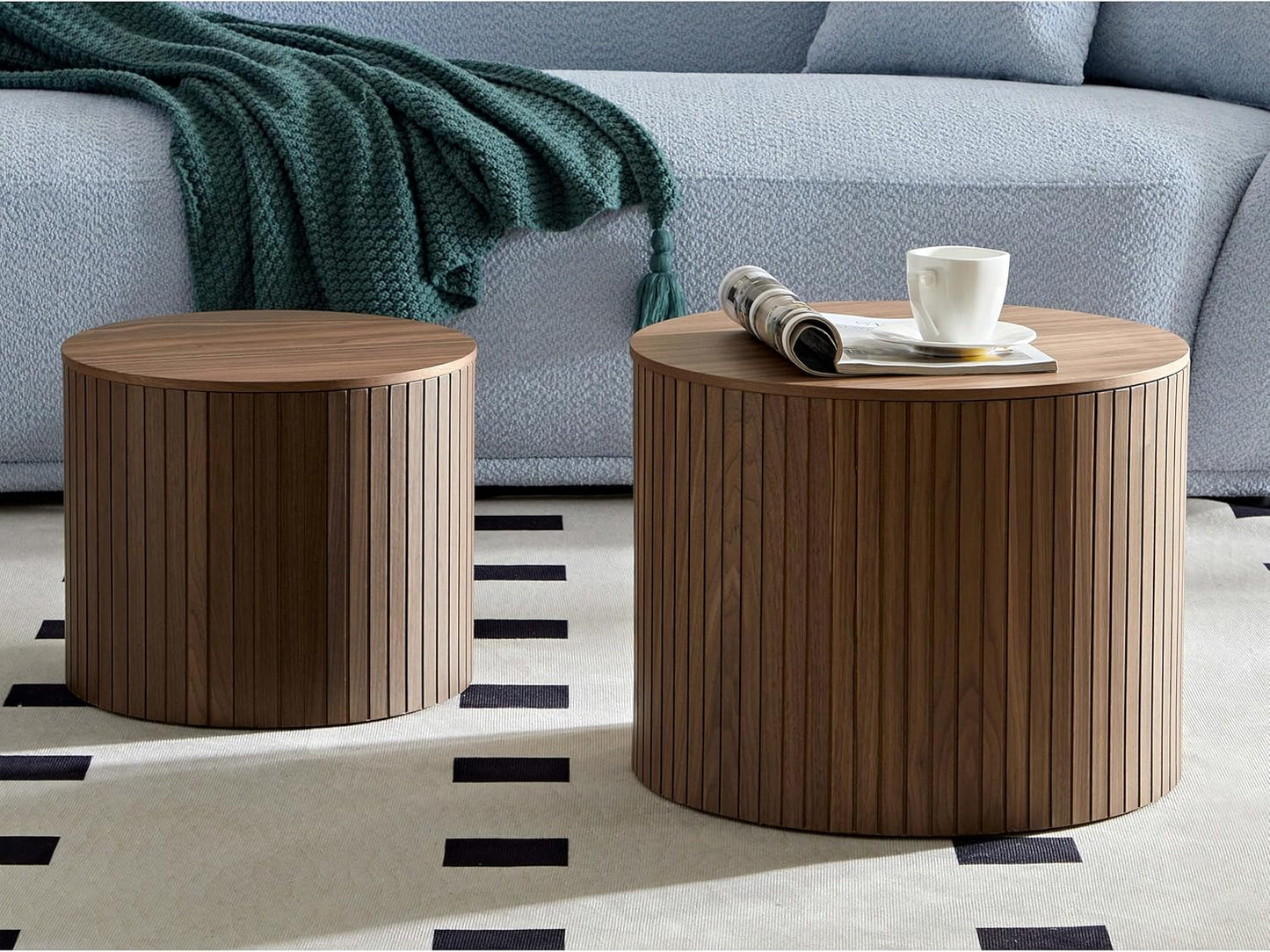 Round Coffee Table with Storage,19.17" Nesting Coffee Table Set of 2, Modern Accent End Table Set for Living Room, No Assembling, Side Table for Apartment,Office,Dorm (Walnut)