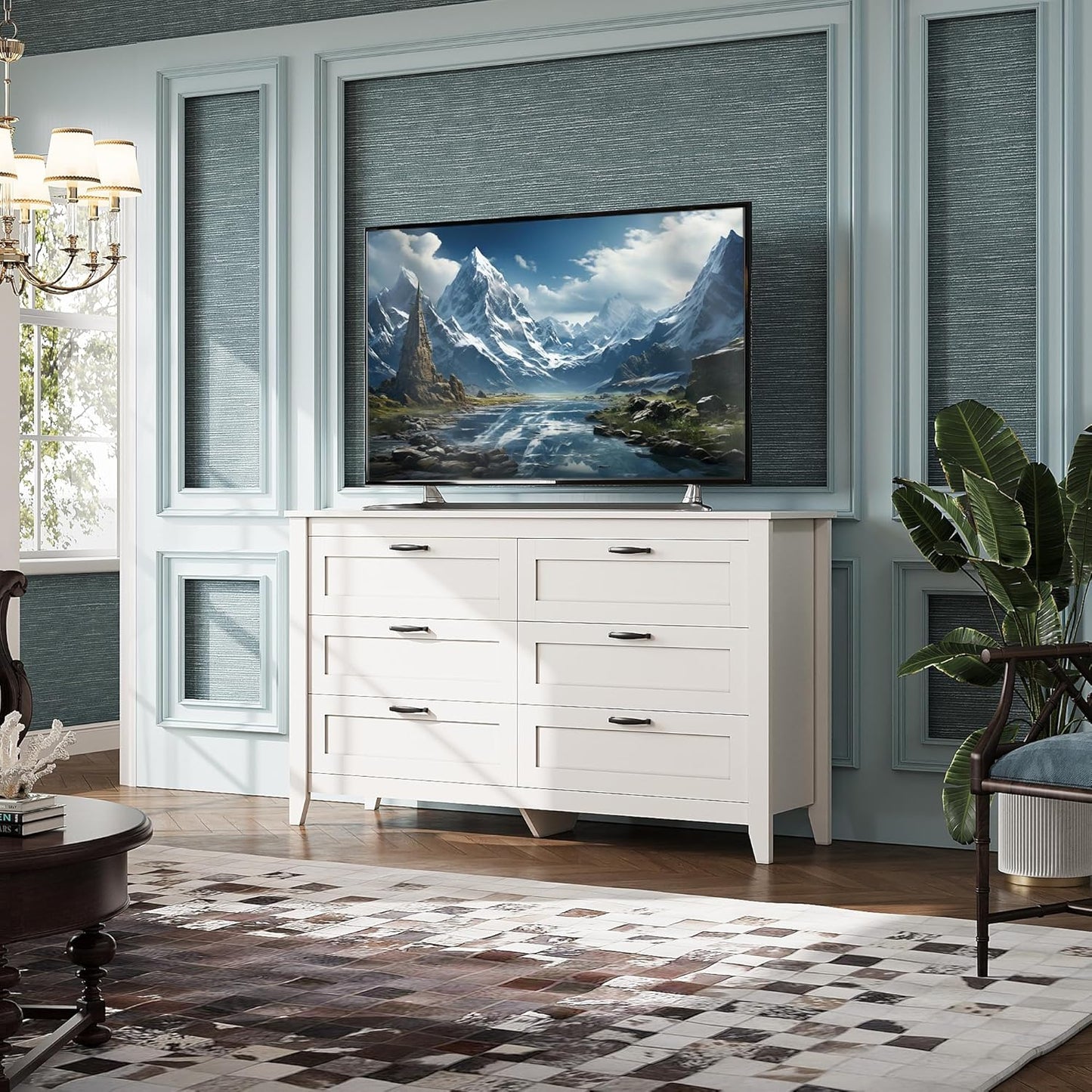 WLIVE White Dresser for Bedroom, 6 Drawer Wood Dresser with Metal Handle, Large Double Wooden Chest of Drawers for Living Room, Hallway, Closet