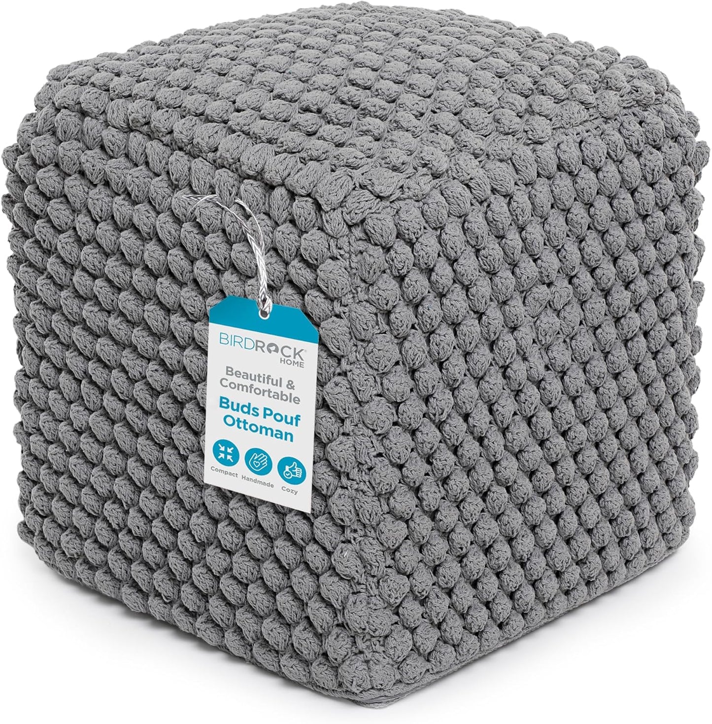 BIRDROCK HOME Buds Pouf Foot Stool Ottoman - Knit Bean Bag Floor Chair - Cotton Braided Cord - Great for The Living Room, Bedroom and Kids Room - Small Furniture (Grey - Buds)