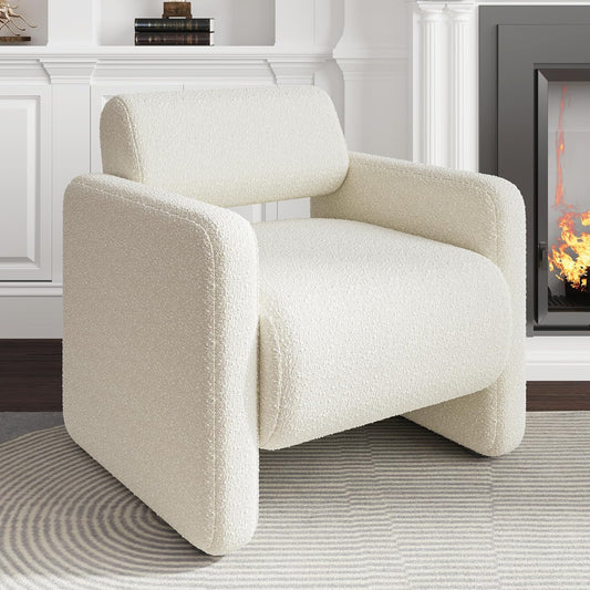 Accent Chair, Modern Boucle Fabric Armed Chair, Comfortable Single Sofa Chair for Living Room, Solid Wood Frame, Comfy Side Chair for Bedroom, Office, Reading (Beige)