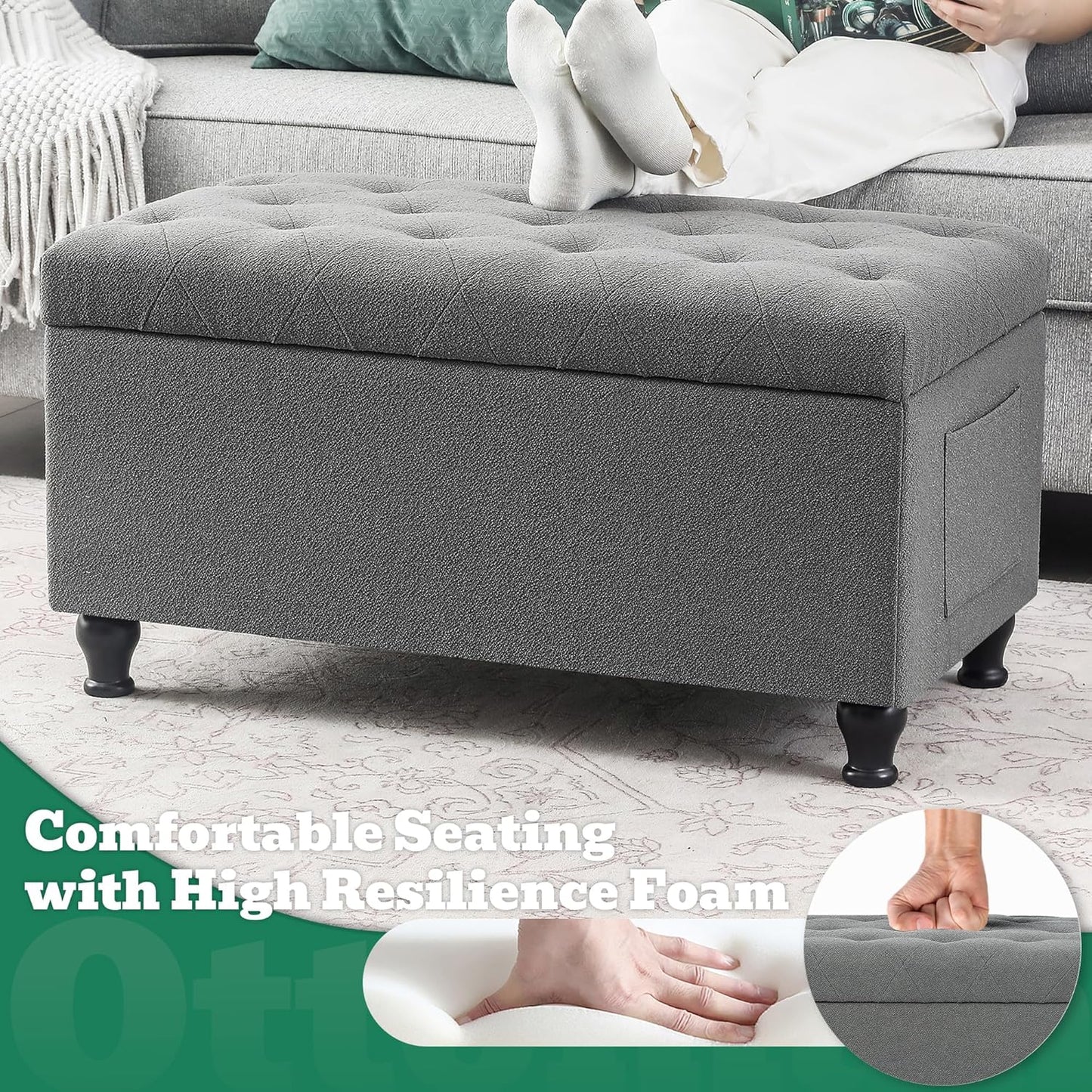 Ottoman with Storage 32'' Ottoman Storage Bench Fabric Ottomans Footstools Upholstered Foot Rest Stool for Couch, Living Room, Bedroom, Entrance Shoe Bench Gray