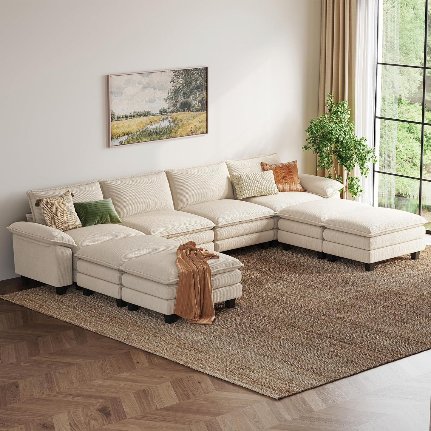 LINSY HOME Modular Sectional Sofa - 157'' Sleeper Sofa Cloud Couch Oversized Corduroy Sofa Bed with Movable Ottoman Soft Modern Comfy Couch for Living Room Apartment Office, Beige