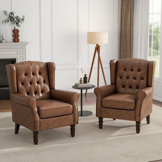 UIXE Faux Leather Accent Chairs Set of 2, High Back Upholstered Armchair for Living Room, Wingback Tufted Arm Chair Comfy Single Sofa Bedroom Reading Seat with Solid Wood Legs - Brown