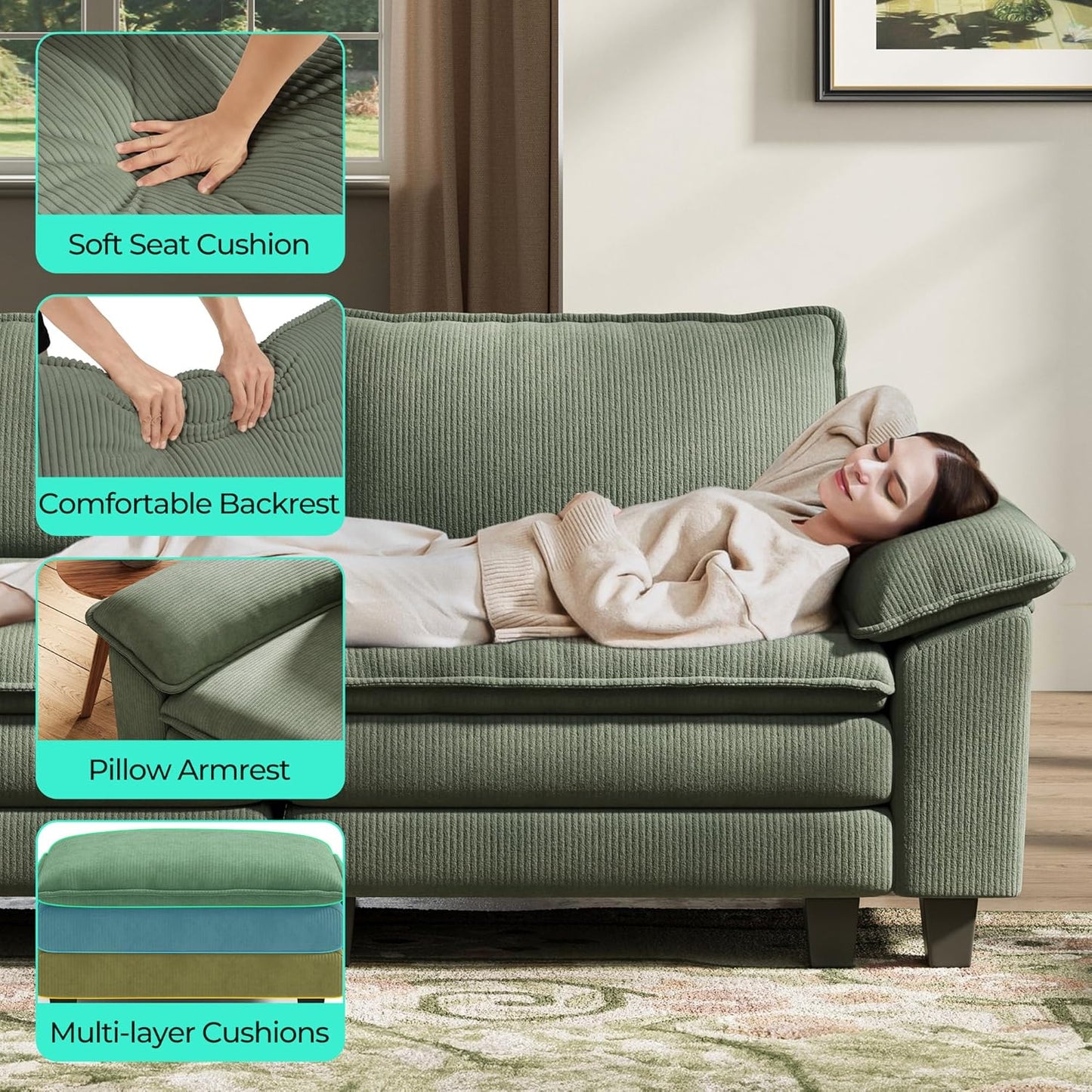 LINSY HOME Sectional Loveseat Sofa - 90'' Oversized Corduroy Cloud Couch Soft Modern Comfy Green Loveseat Couch Deep Seat Couches for Living Room Bedroom Apartment Office, Green