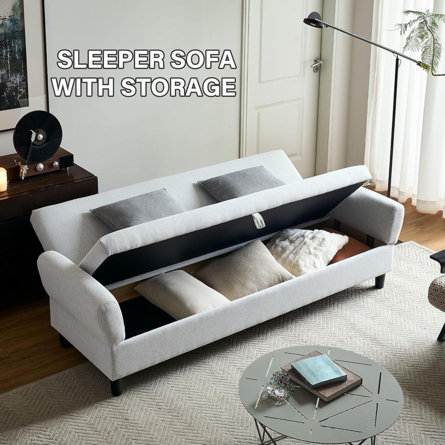 Convertible Futon Sofa Bed, 80.7" Adjustable Sleeper Sofa with Storage, 3-Seater Couch, 5-Position Reclining Back, 7" Thick Cushion, Twin Size Sofa for Small Spaces, Living Room, Bedroom, Dorm, Office