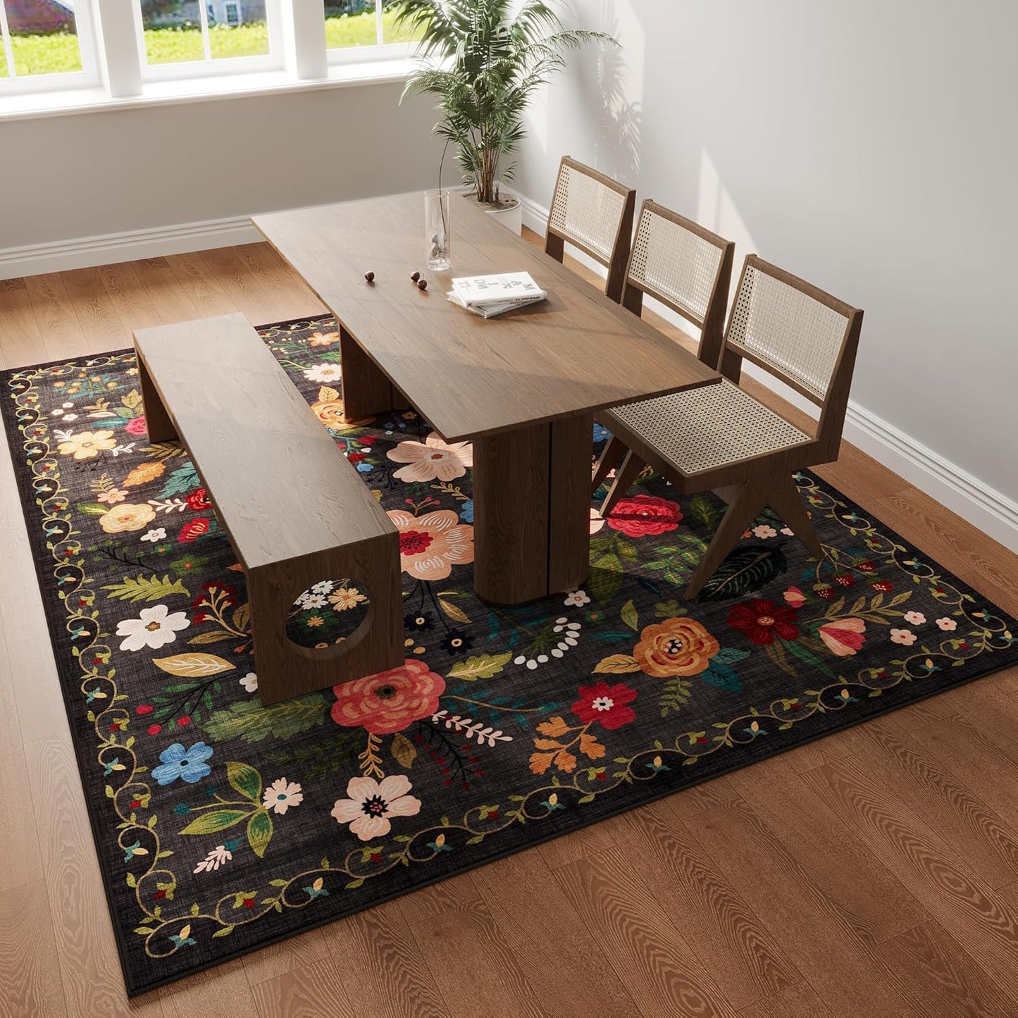 Area Rugs 8x10 Rug for Living Room Clearance Washable Boho Area Rug Non Slip Floral Vintage Low Pile Large Rug for Living Room, Bedroom, Farmhouse, Dining Room, Kids Playroom(Black)