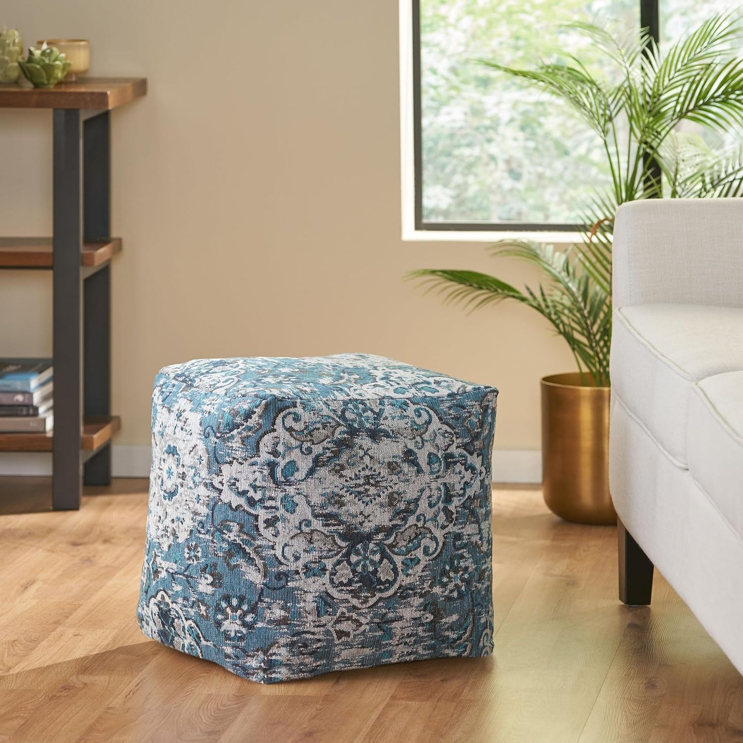 GDFStudio Boho Handmade Fabric Cube Pouf Ottoman Foot Stool - Bean Bag Floor Chair - Foot Rest Couch for Living Room Bedroom,Blue,16"" x 16"" x 16"", Conch,blue, 313832N