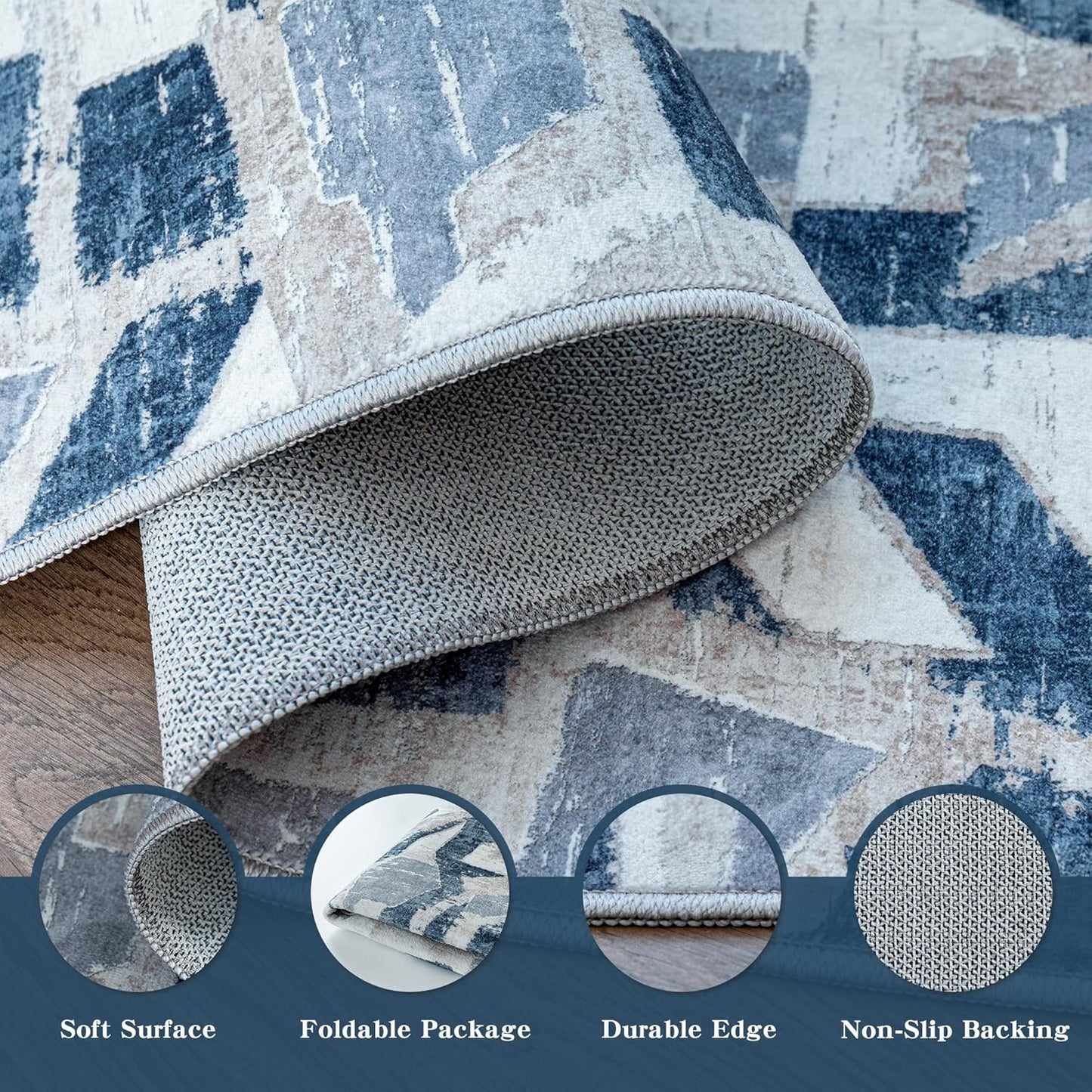 Modern Abstract Blue 6X9 Area Rug for Living Room Bedroom Washable, with Non-Slip Rubber Backing Print Faux Wool Thin, Throw Large Carpet for Kids Playroom Dining Room Pet & Child Friendly