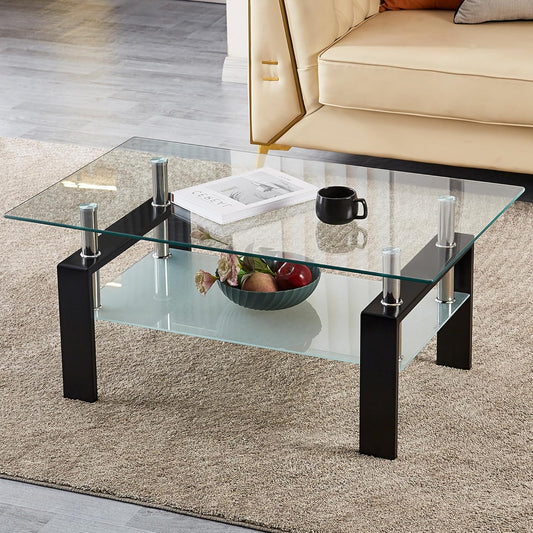 Glass Coffee Table for Living Room, 2 Layer Center Table with Clear Rectangle Tempered Glass Top Black Metal Leg, Mordern Home Office Furniture