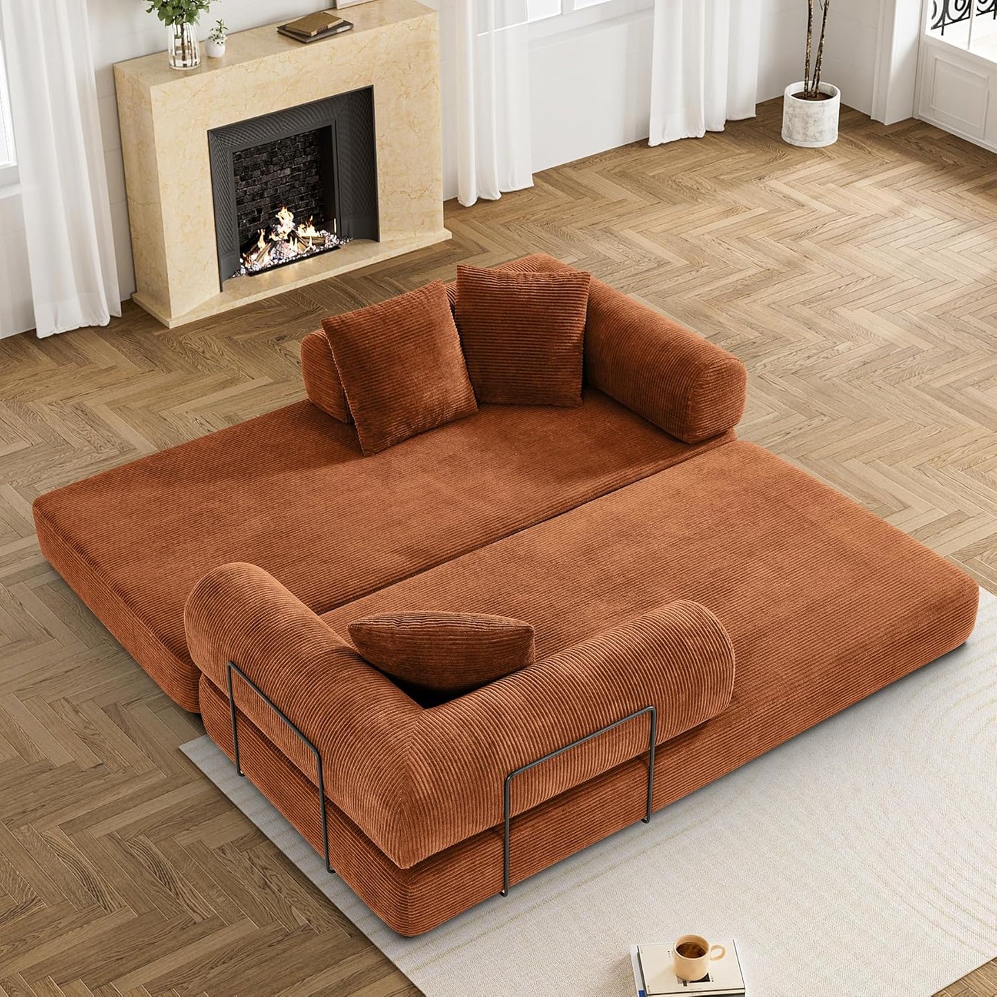 Convertible Sleeper Sofa Bed with Pillow, 4-in-1 Corduroy Folding Mattress Couch with Fixed-Shape Frame, Futon Fold Out Floor Sofa Cama Lounge Couch for Living Room Bedroom, Orange