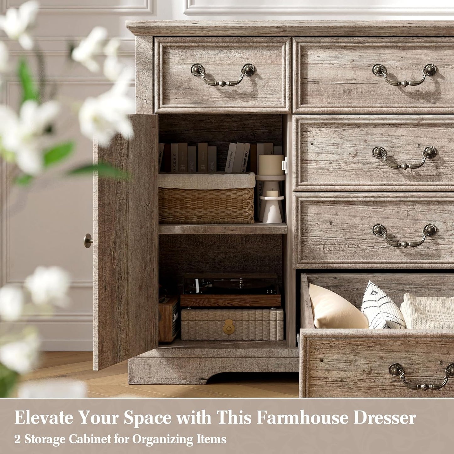 EnHomee Dresser for Bedroom with 6 Drawer & 2 Doors Wood Dressers & Chests of Drawers Farmhouse TV Stand,Entryway,Light Rustic Oak