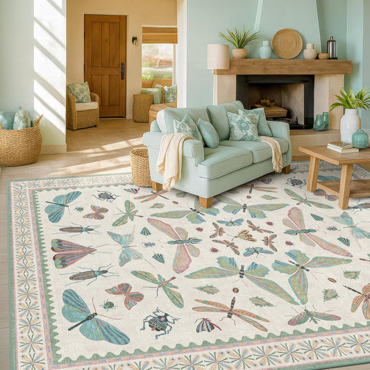 Sage Green Rugs for Bedroom Under Bed - 6x9 Area Rug for Living Room, Dining Room, Kids Playroom, Fun Insect Cute Décor,Ultra Soft Non Slip Stain Resistant